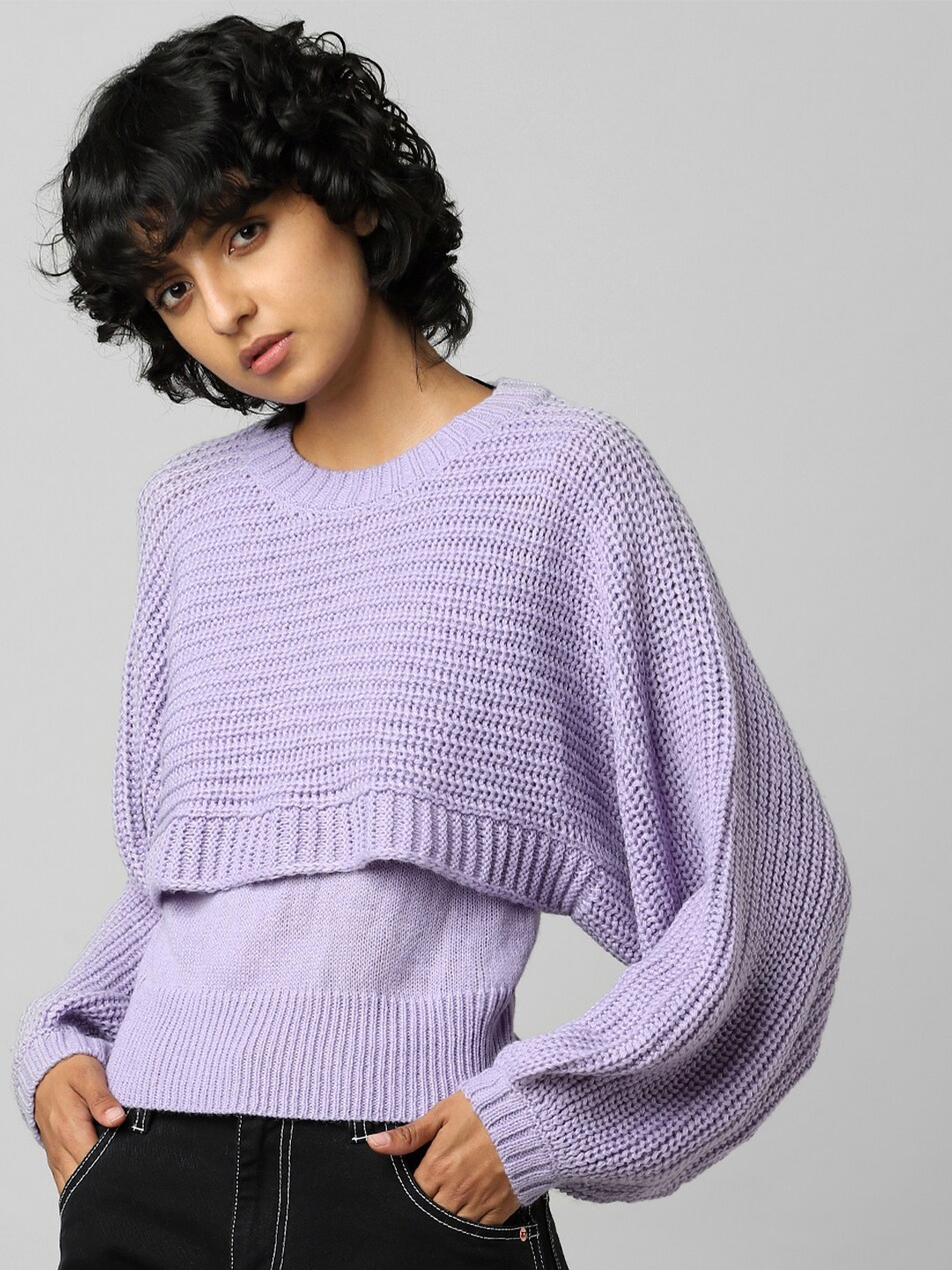 

ONLY Women Purple Cable Knit Pullover Sweater