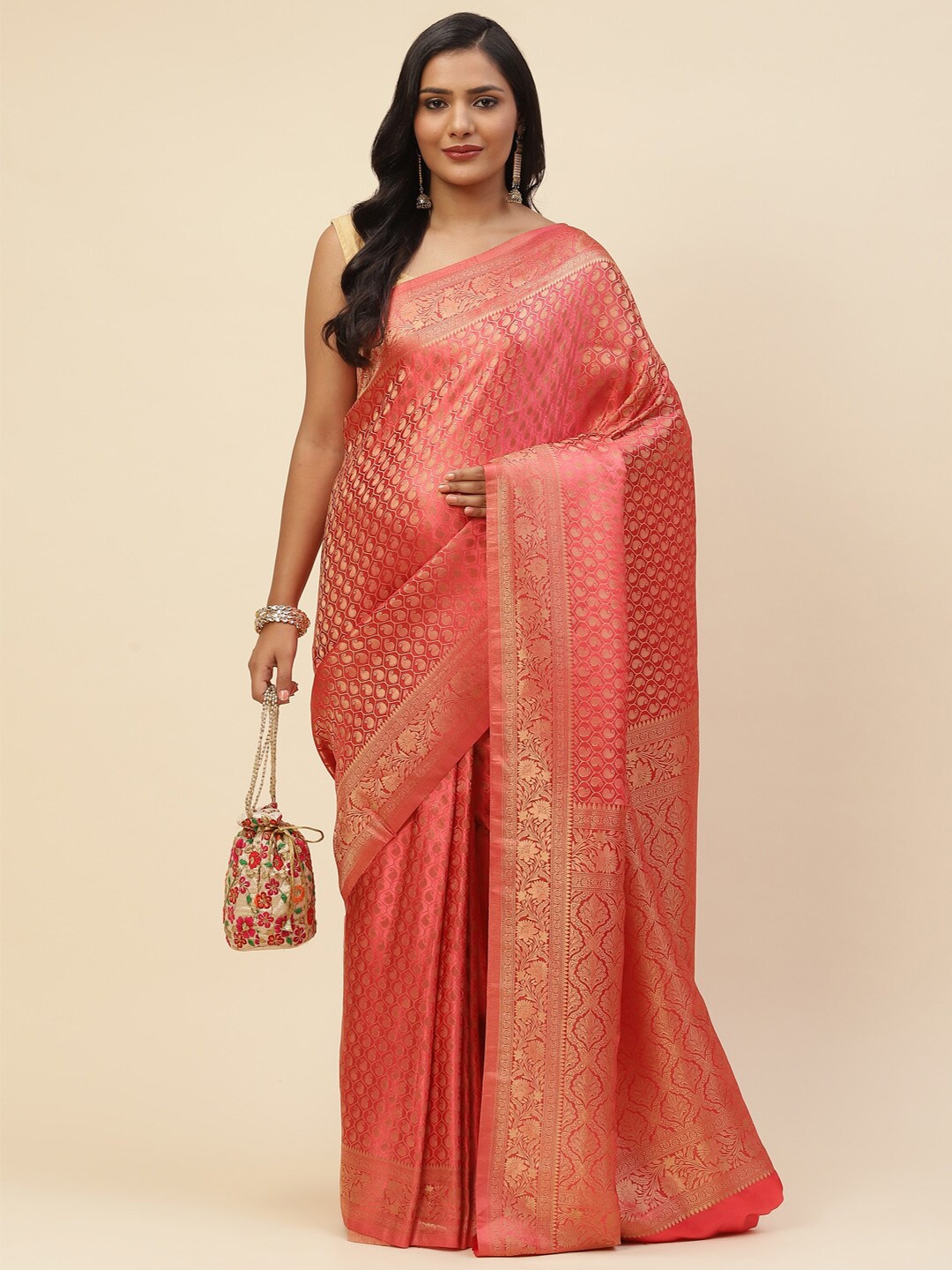 

Meena Bazaar Pink & Gold-Toned Ethnic Motifs Zari Satin Saree