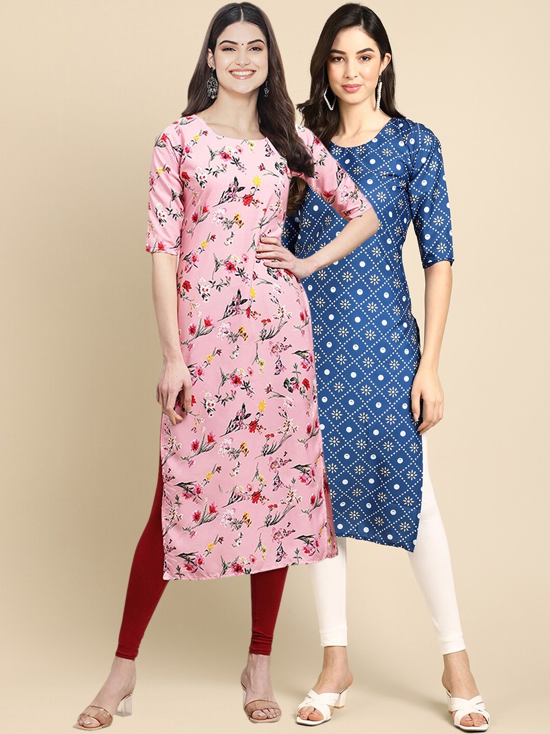 

7Threads Pack Of 2 Floral Block Printed Straight Regular Crepe Kurtas, Pink
