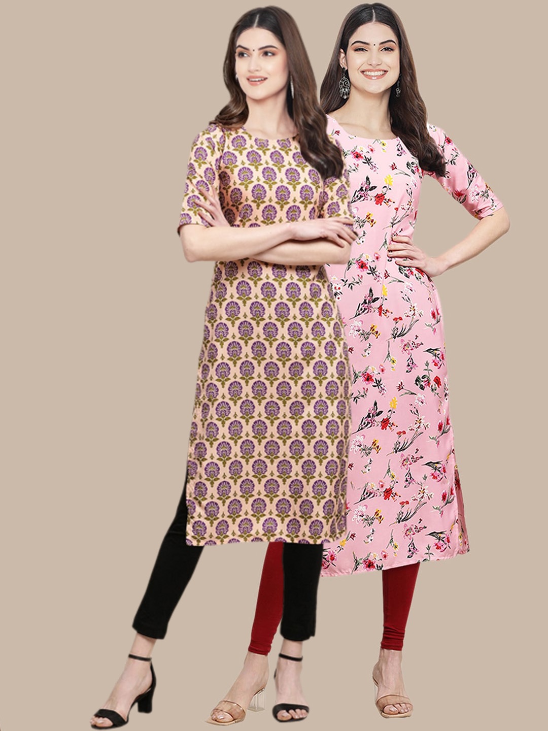 7Threads Pack of 2 Floral Printed Crepe Kurta, Pink