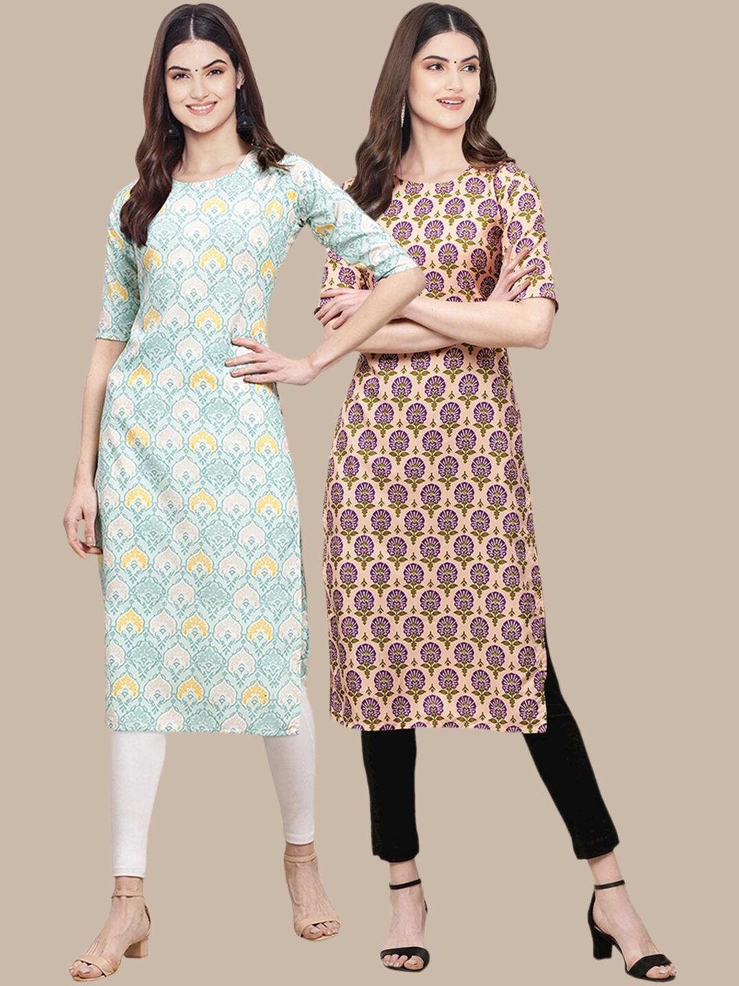 

7Threads Pack of 2 Geometric Printed Crepe Kurta, Blue