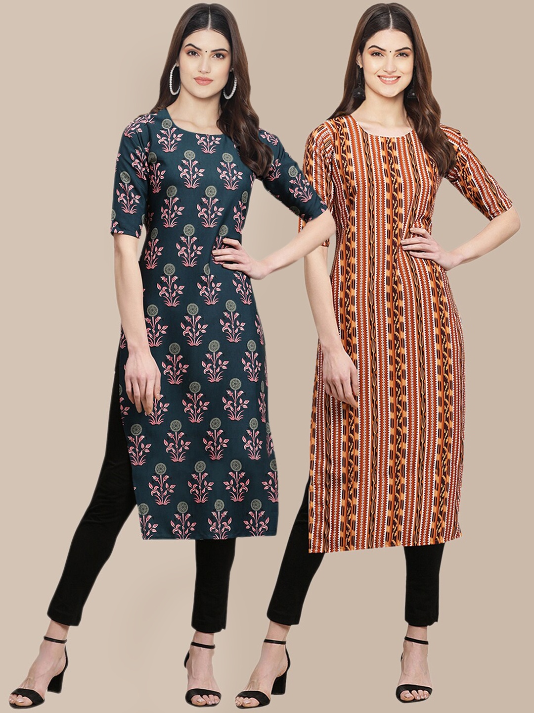 

7Threads Women Pack of 2 Teal & Rust Floral Printed Crepe Kurta