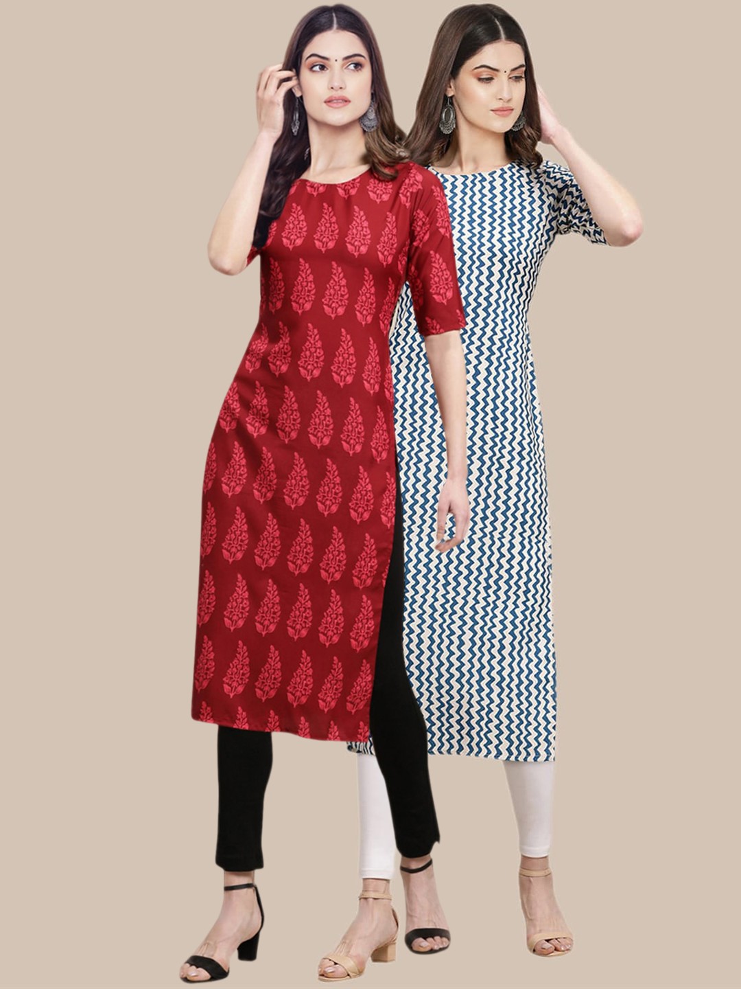 

7Threads Pack of 2 Printed Crepe Kurta, Red