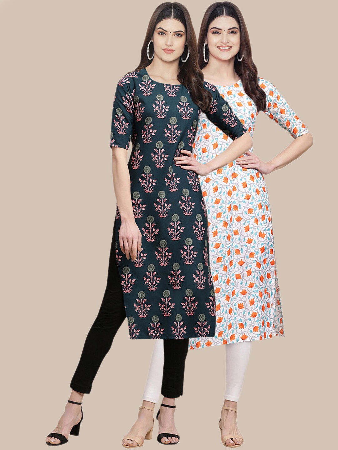 

7Threads Pack of 2 Floral Printed Crepe Kurta, Teal