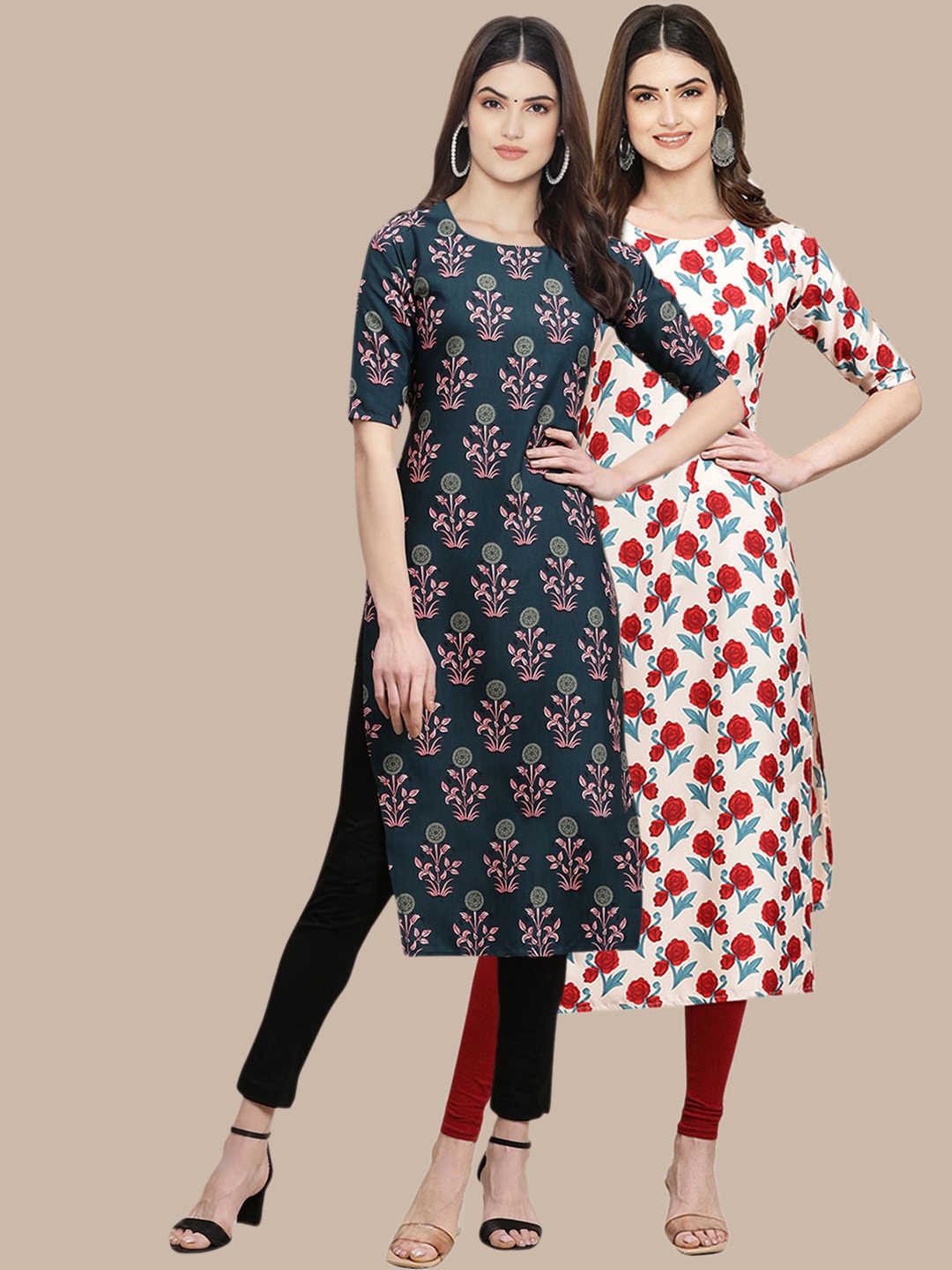 7Threads Women Pack of 2 Ethnic Motifs Printed Crepe Kurta, Green