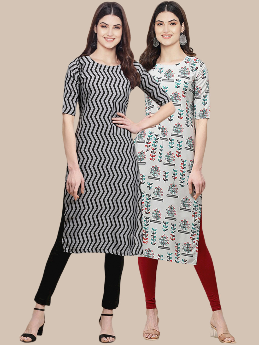 

7Threads Women Pack of 2 Ethnic Motifs Printed Crepe Kurta, Black