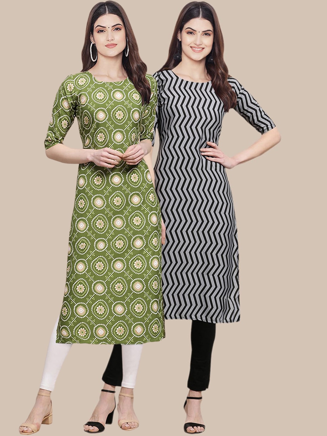 7Threads Women Pack of 2 Ethnic Motifs Printed Crepe Kurta, Green