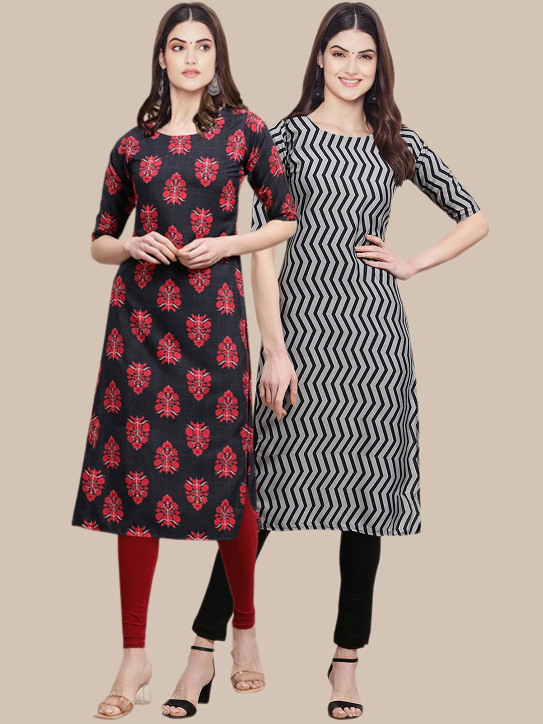7Threads Women Pack of 2 Ethnic Motifs Printed Crepe Kurta, Black