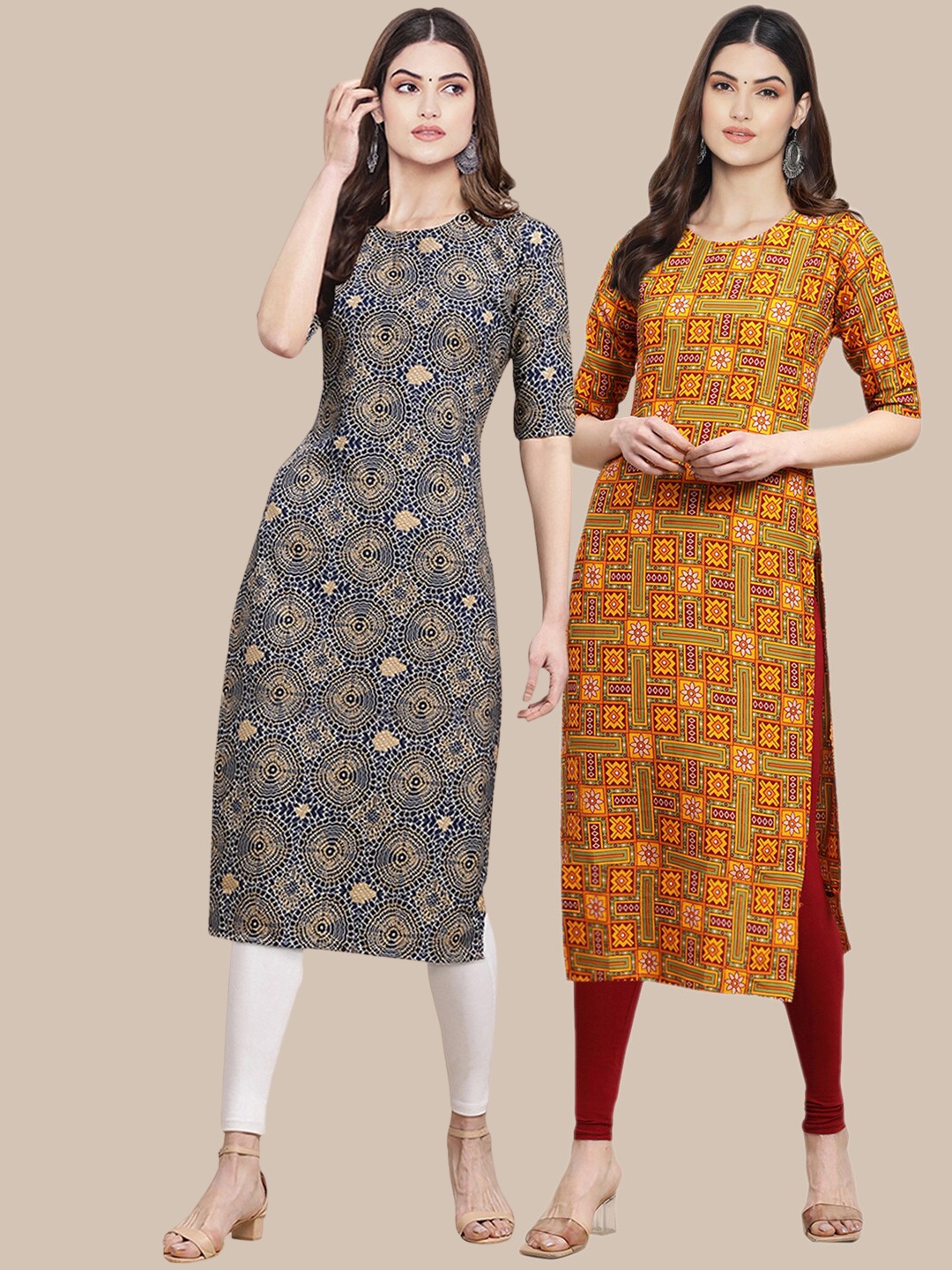 

7Threads Women Pack of 2 Beige & Mustard Yellow Ethnic Motifs Printed Crepe Kurta