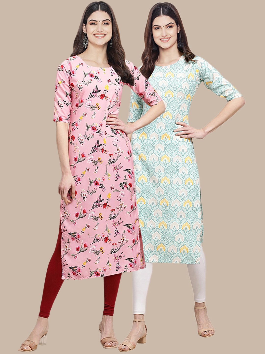 7Threads Women Pack of 2 Pink & Blue Floral Printed Crepe Kurta