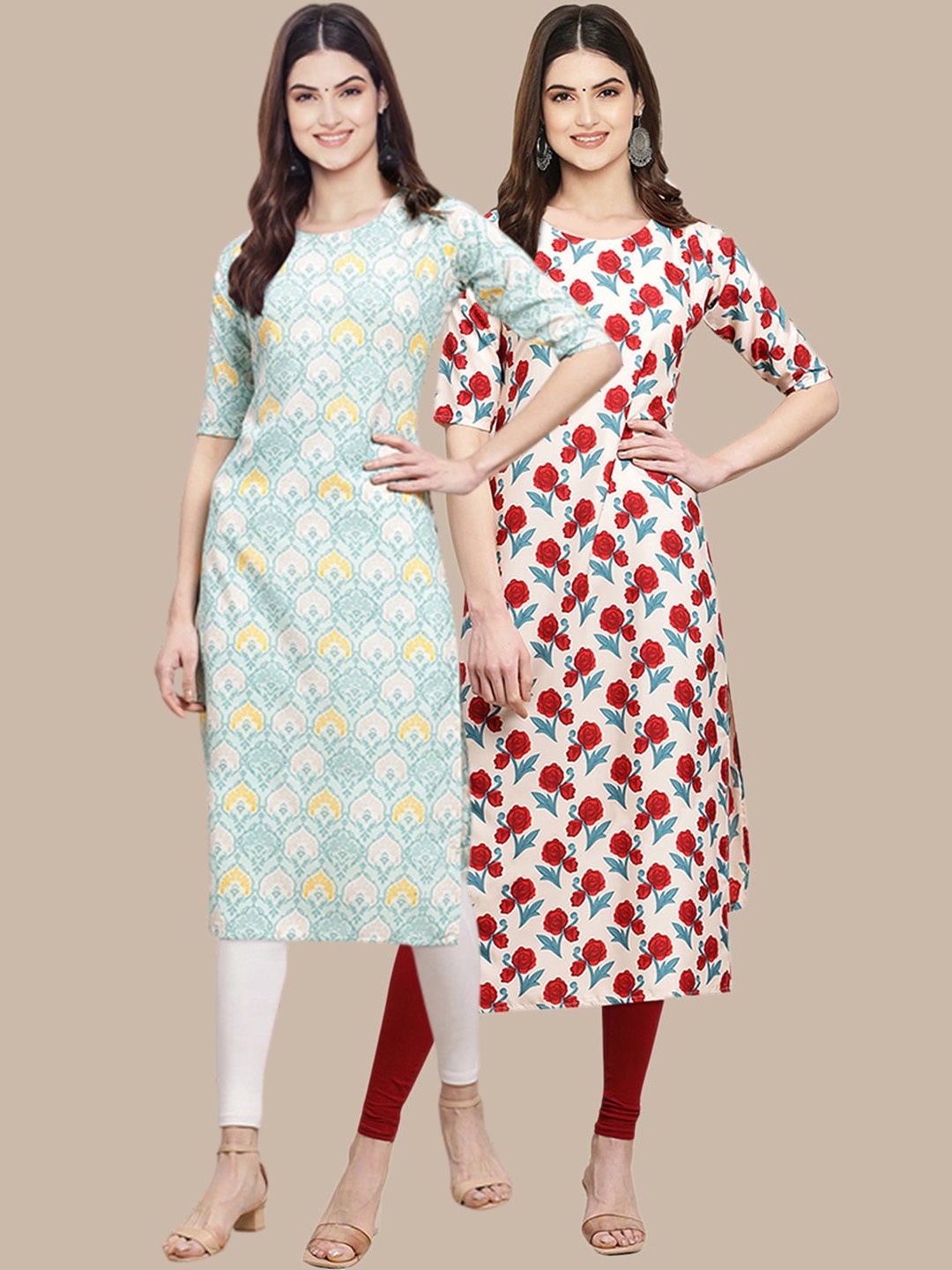 

7Threads Women Pack of 2 Blue & Off White Floral Printed Crepe Kurta