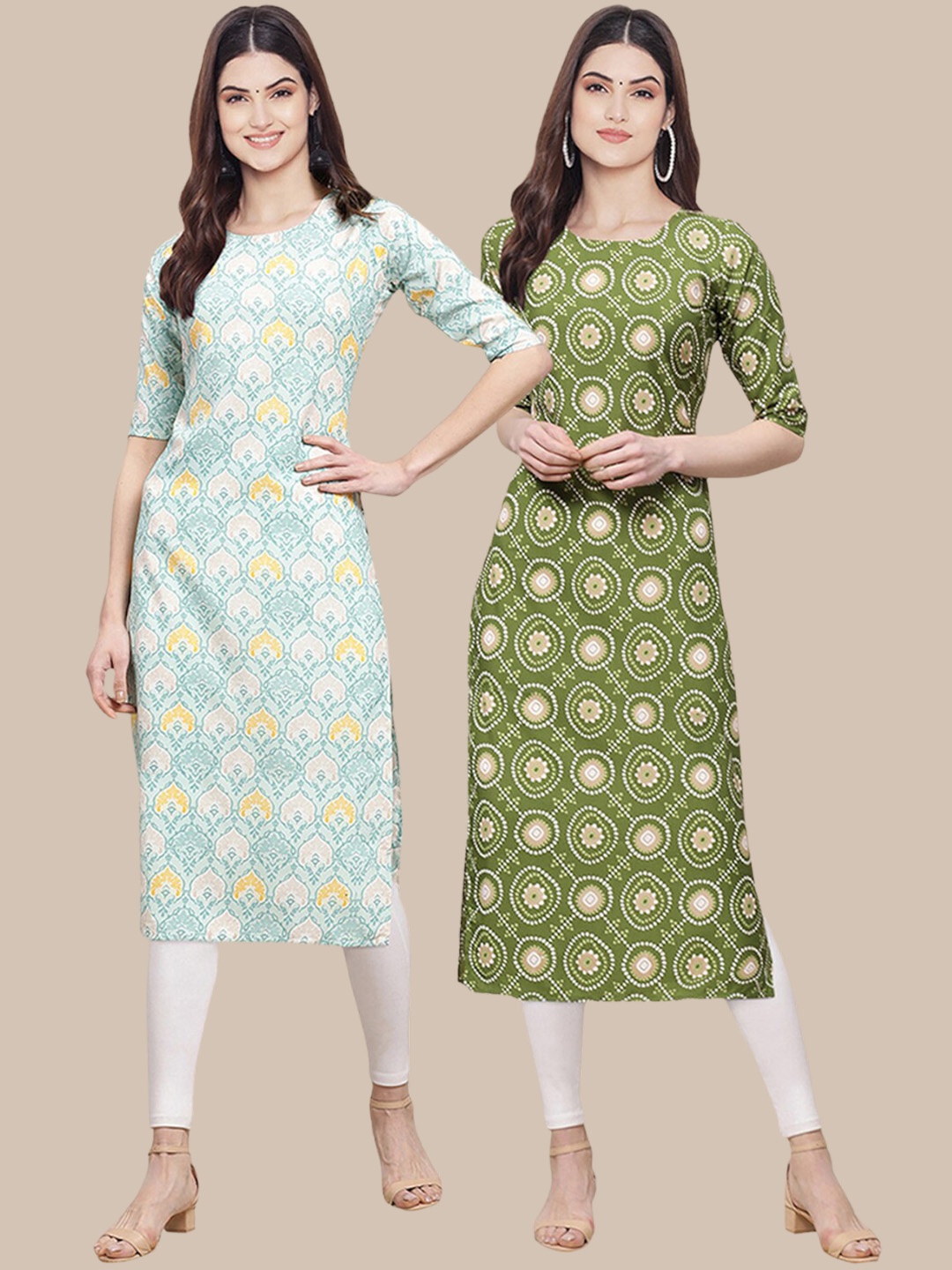 

7Threads Women Pack of 2 Blue & Green Ethnic Motifs Printed Crepe Kurta