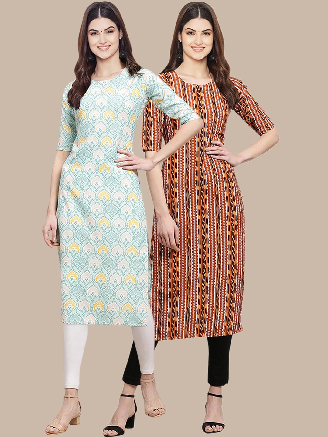 

7Threads Women Blue & Brown Ethnic Motifs Printed Crepe Kurta