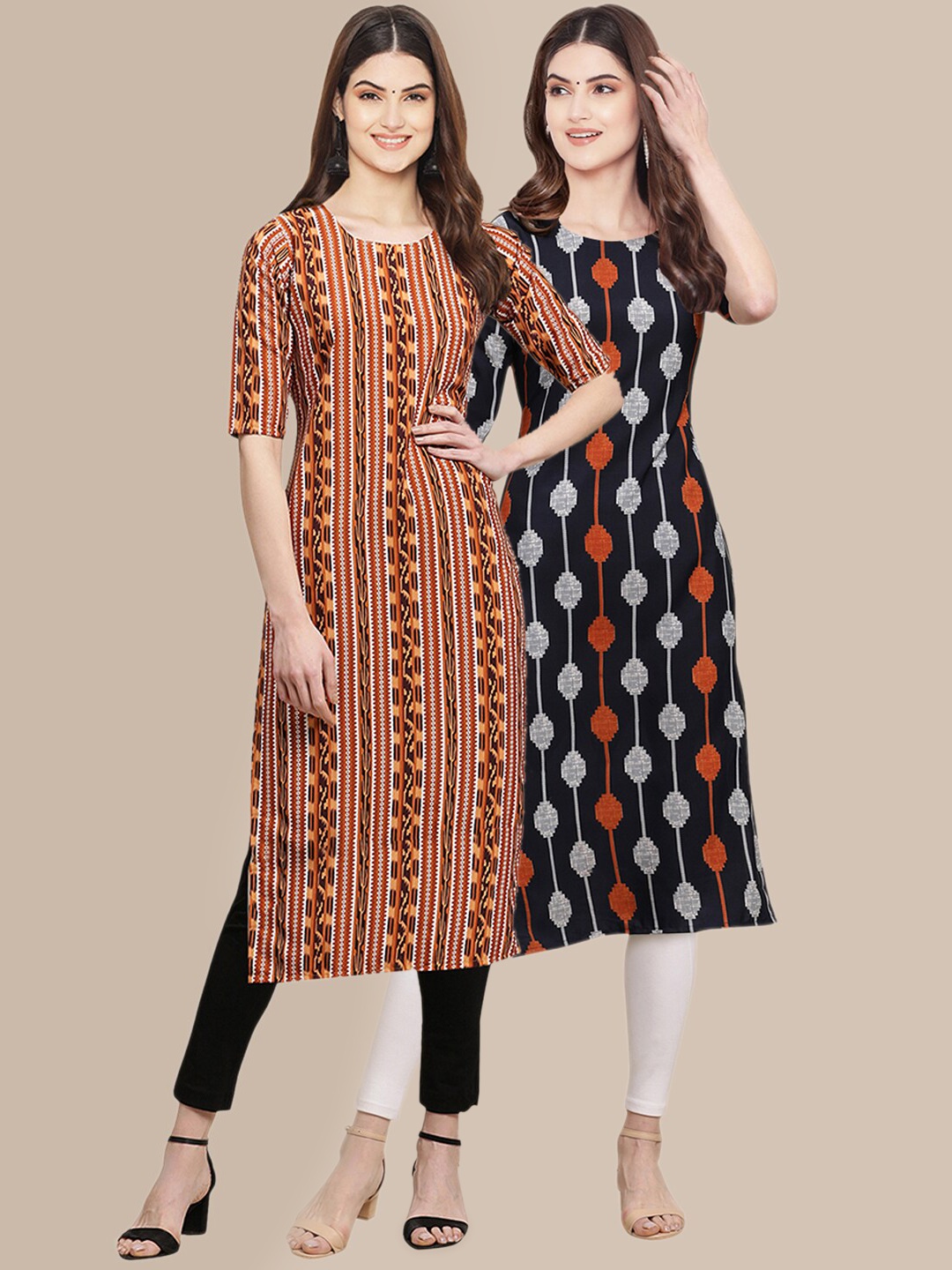 

7Threads Women Pack of 2 Black & Beige Printed Straight Crepe Kurta