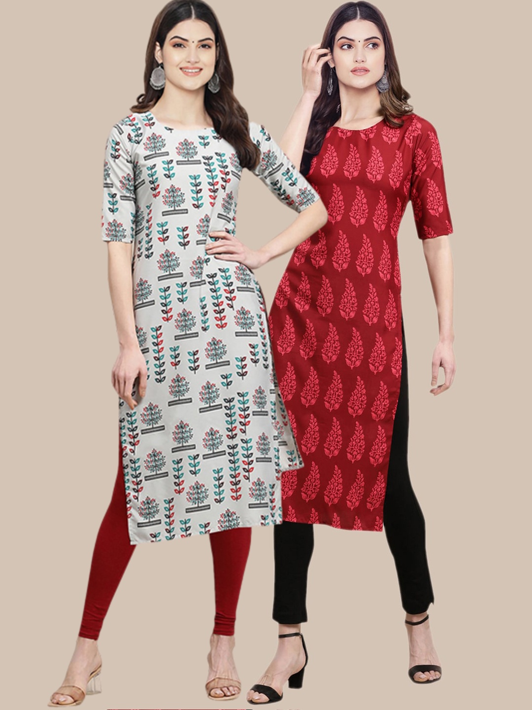 

7Threads Women Pack of 2 Red & Grey Printed Straight Crepe Kurta
