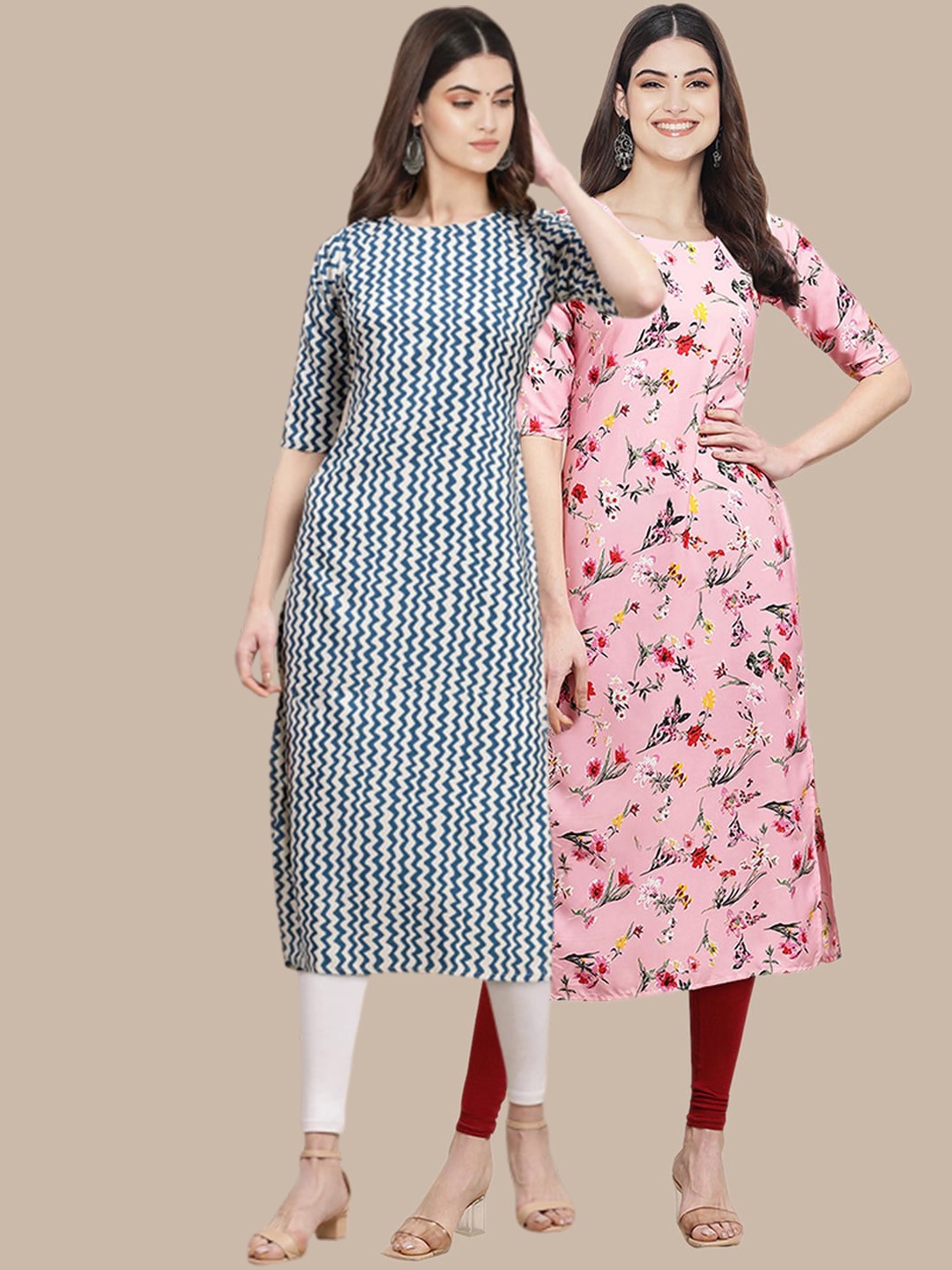 

7Threads Women Pack of 2 Pink & Blue Printed Straight Crepe Kurta