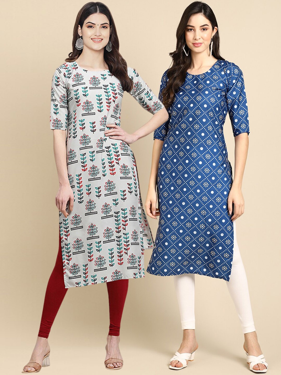 

7Threads Women Pack of 2 Blue & Grey Printed Straight Crepe Kurta