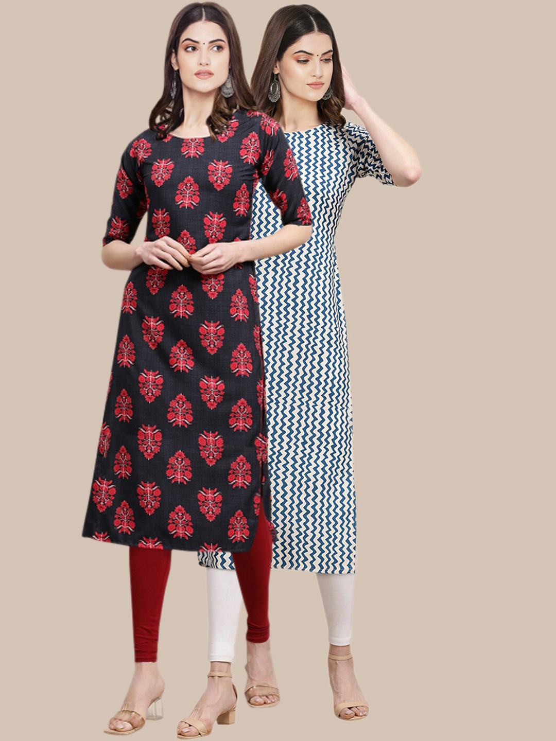

7Threads Women Pack of 2 Black & White Printed Straight Crepe Kurta