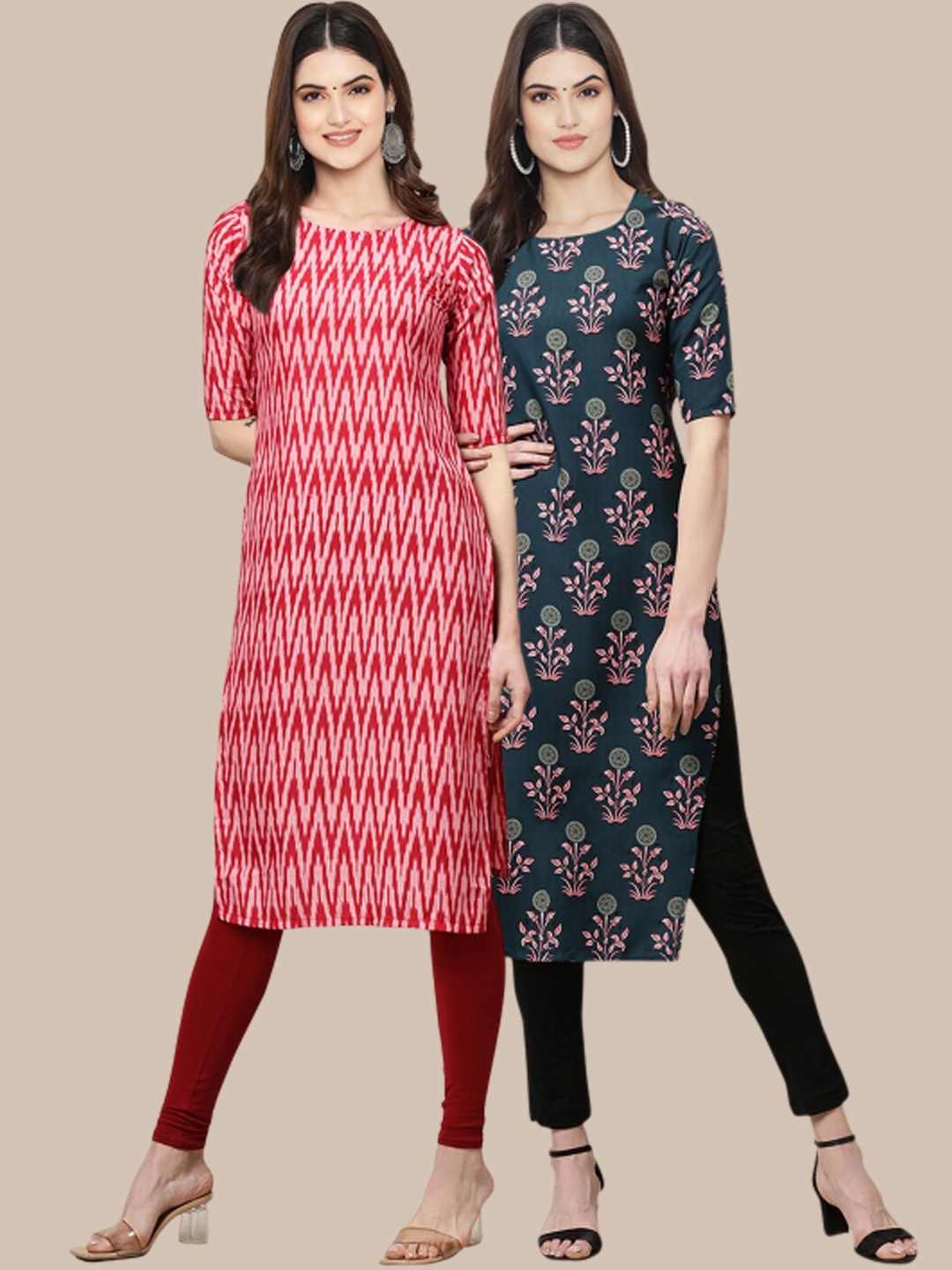 

7Threads Women Pink & Blue Pack of 2 Printed Crepe Kurta