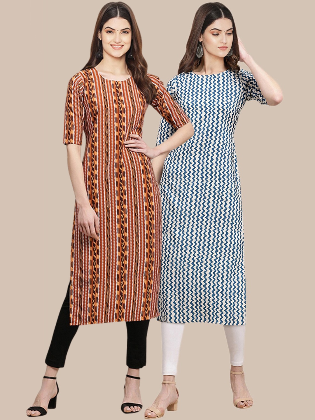 

7Threads Women Beige & Teal Pack of 2 Printed Crepe Kurta