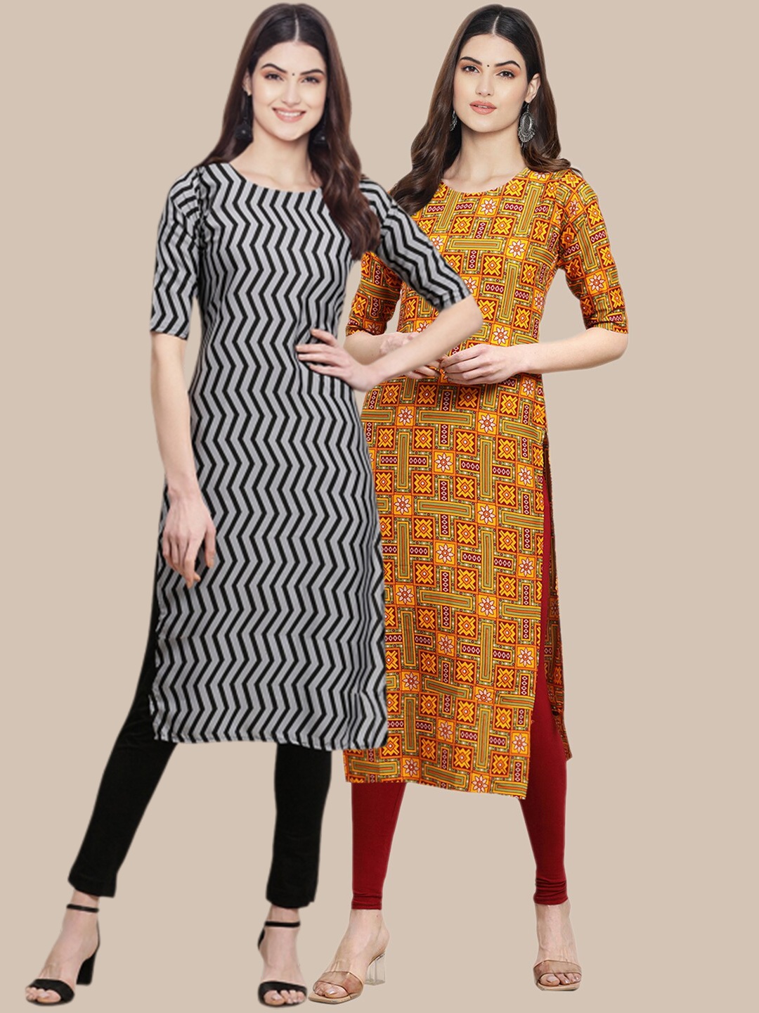 7Threads Women Grey & Mustard Yellow Pack of 2 Printed Crepe Kurta