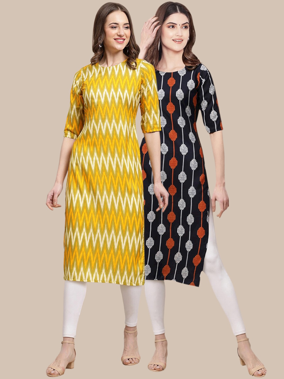 

7Threads Women Pack of 2 Yellow & Black Printed Crepe Straight Kurta