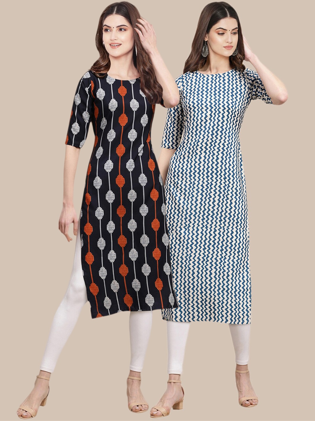 

7Threads Women Pack of 2 Black & White Printed Crepe Straight Kurta