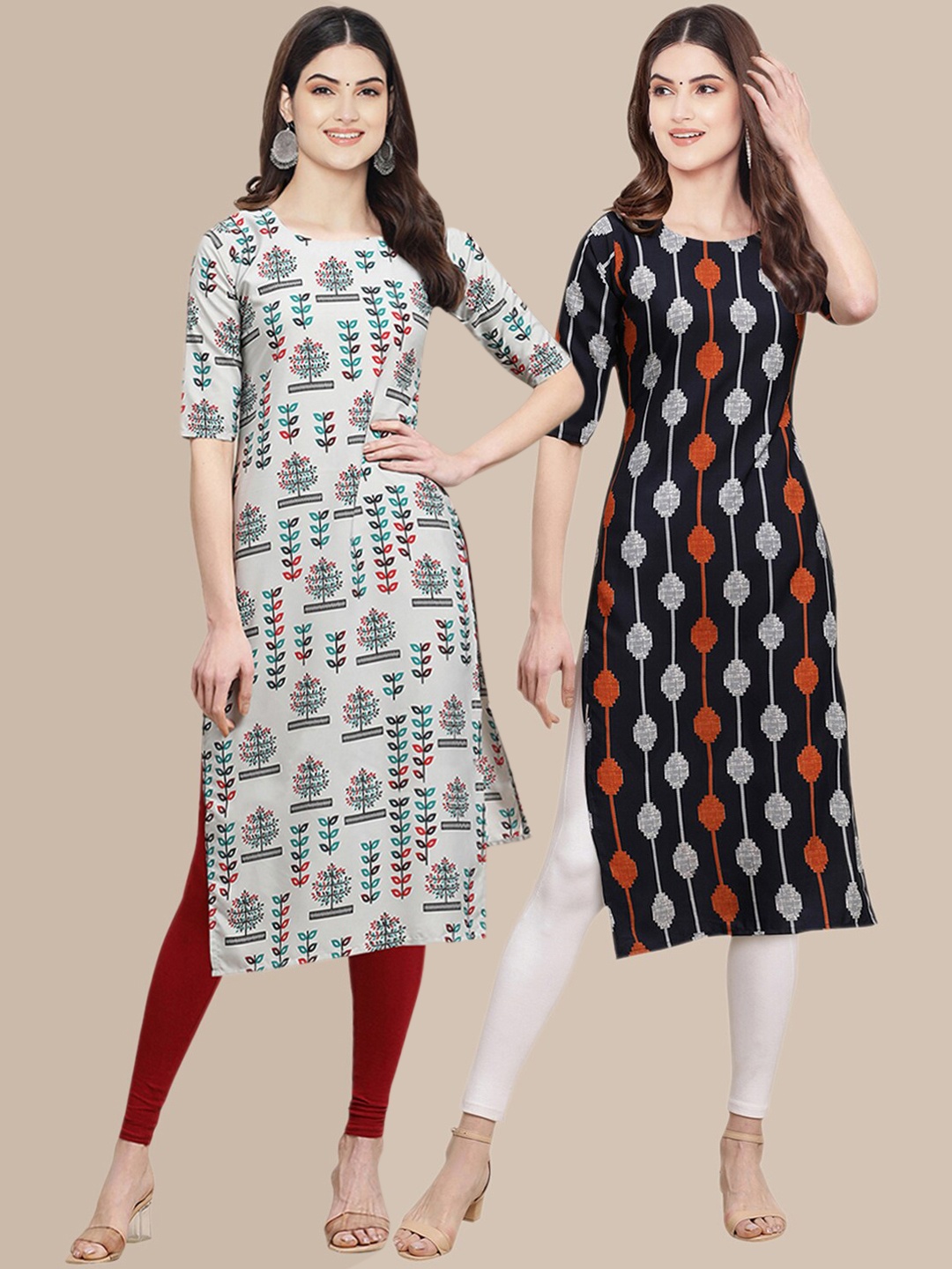 

7Threads Women Pack of 2 Ethnic Motifs Printed Crepe Kurta, Off white