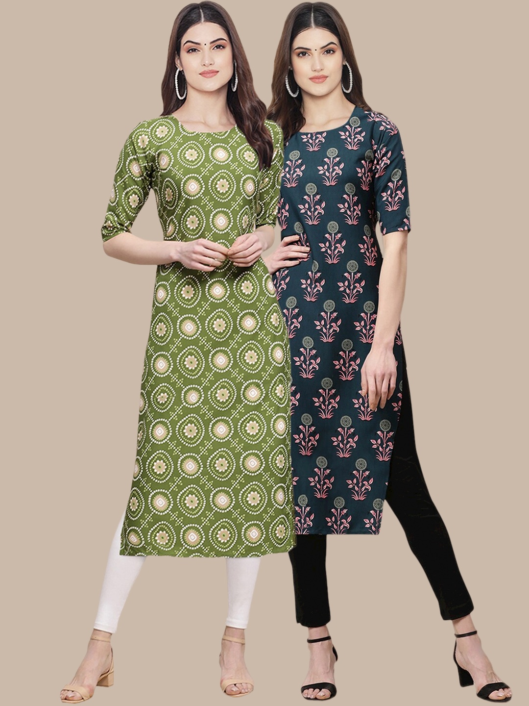 

7Threads Women Pack of 2 Ethnic Motifs Printed Crepe Kurta, Green