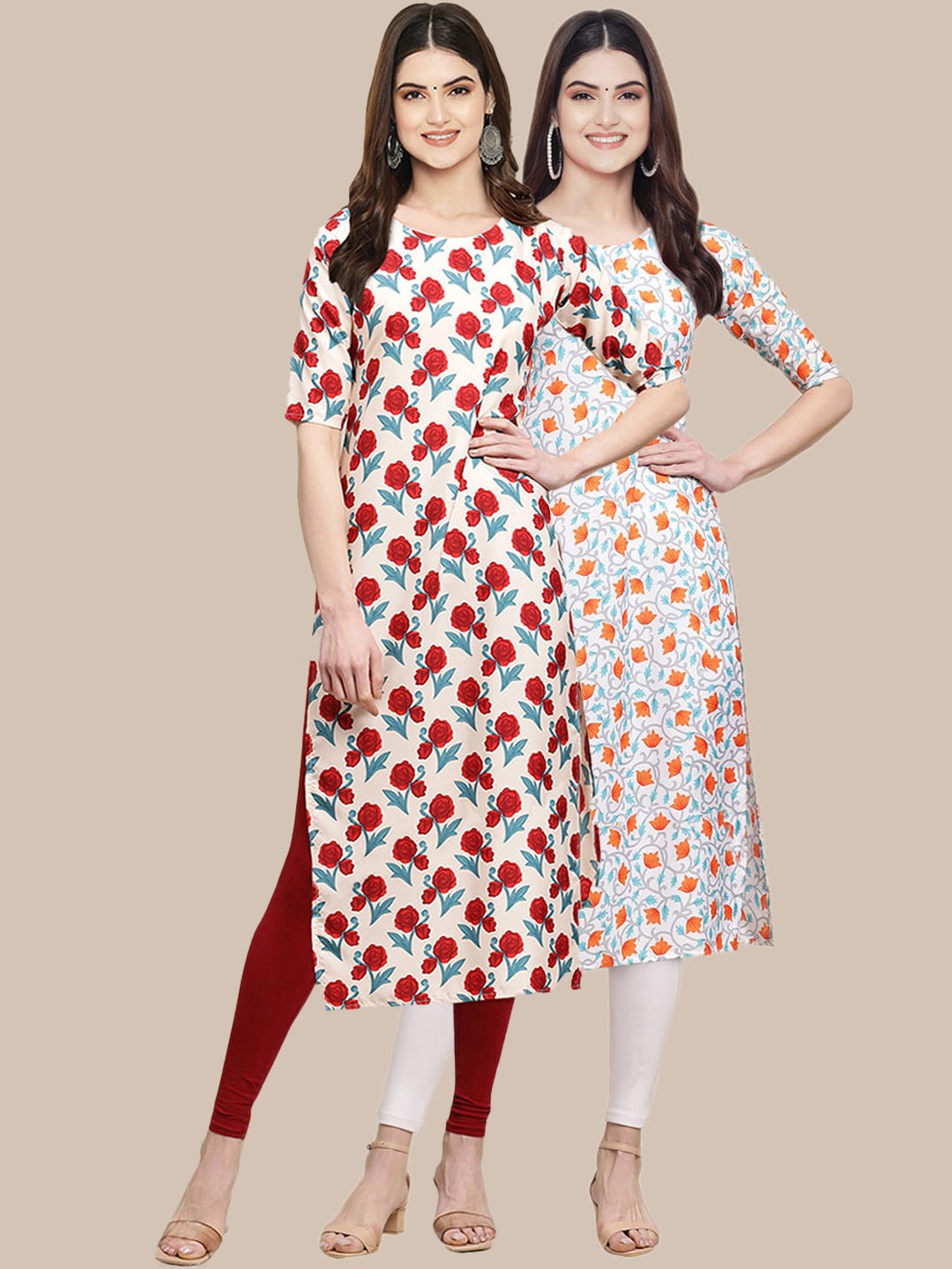 

7Threads Women Pack of 2 Ethnic Motifs Printed Crepe Kurta, Red