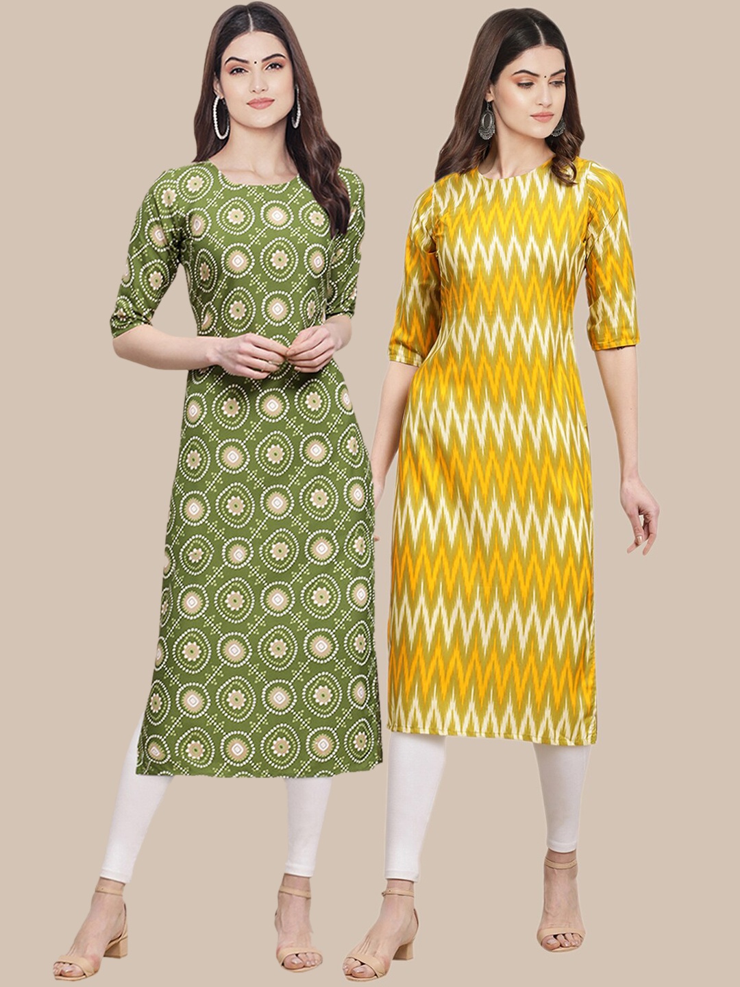 

7Threads Women Pack of 2 Ethnic Motifs Printed Crepe Kurta, Green