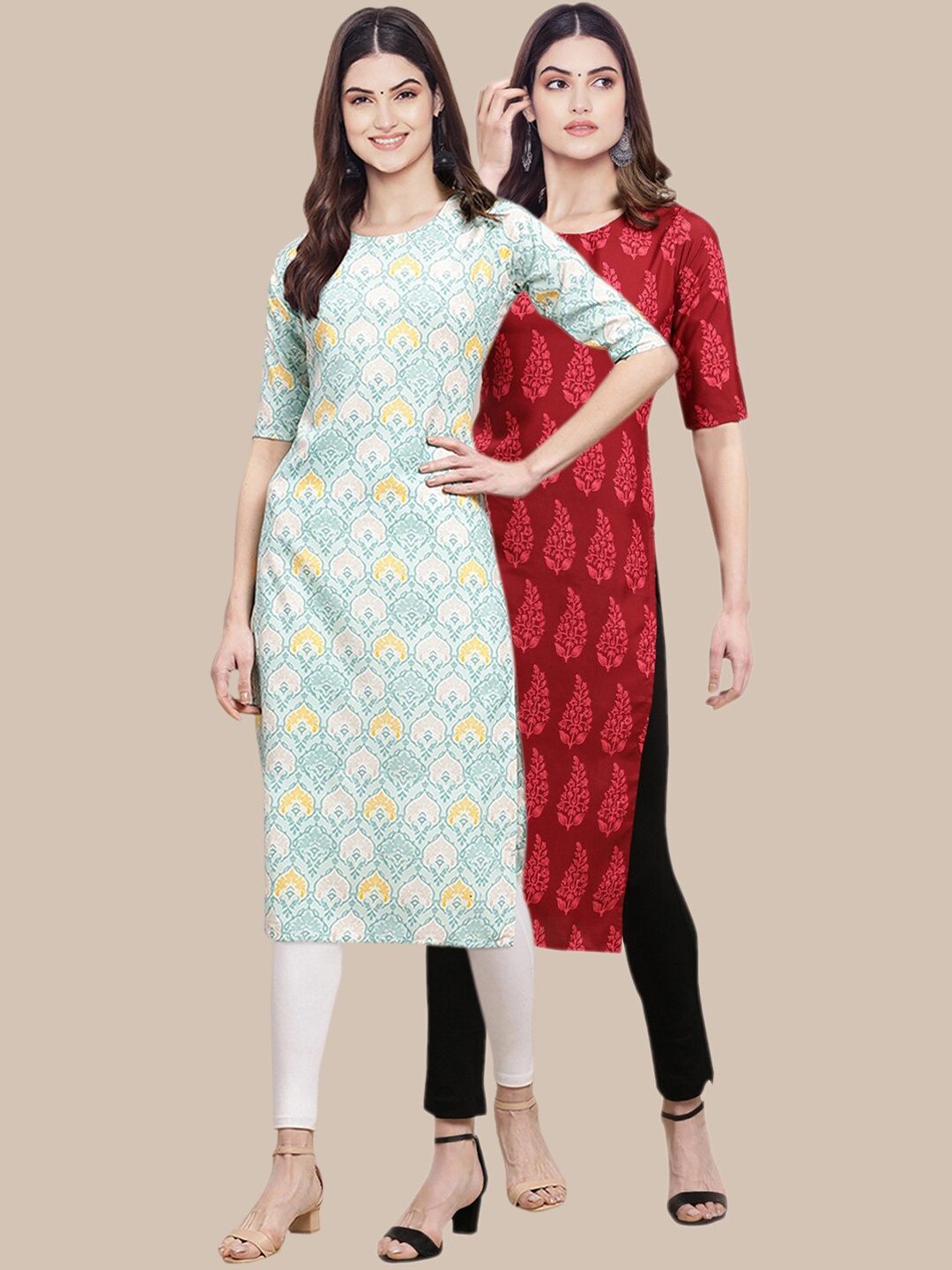 

7Threads Women Red & Green Pack of 2 Ethnic Motifs Printed Crepe Kurta