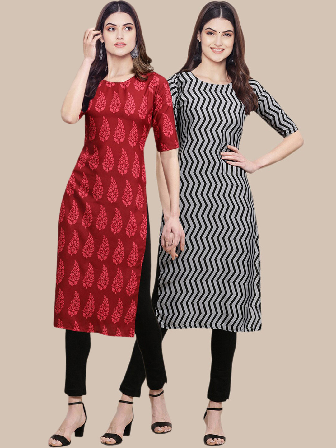 

7Threads Women Red & Grey Pack of 2 Geometric Printed Crepe Kurta