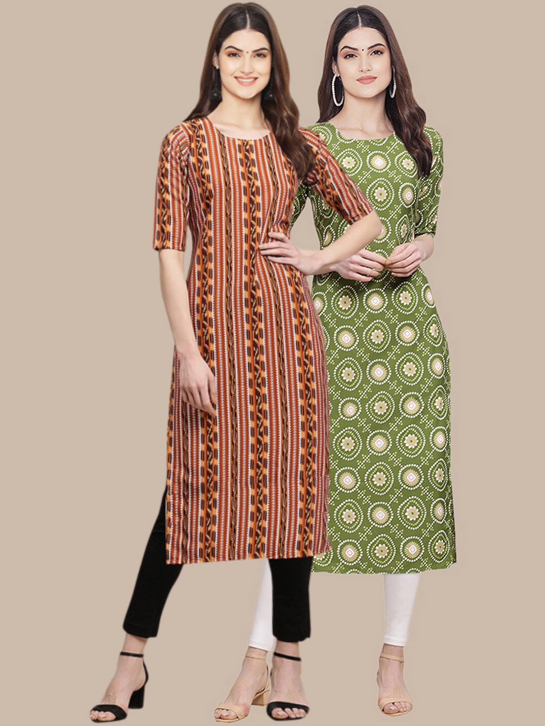 

7Threads Women Green & Brown Pack of 2 Ethnic Motifs Printed Crepe Kurta
