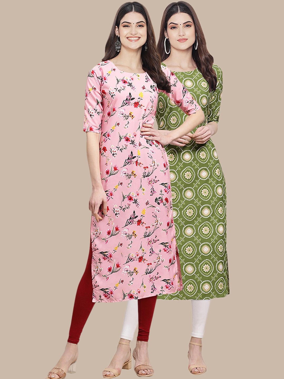 

7Threads Women Pack of 2 Floral Printed Crepe Kurta, Pink