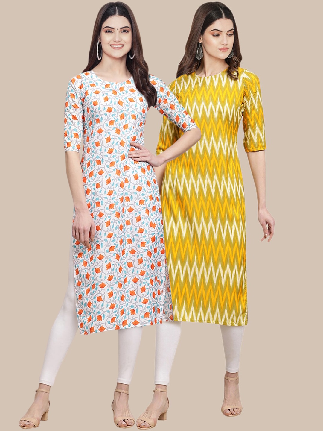 

7Threads Women Pack of 2 Blue & Yellow Printed Crepe Straight Kurta