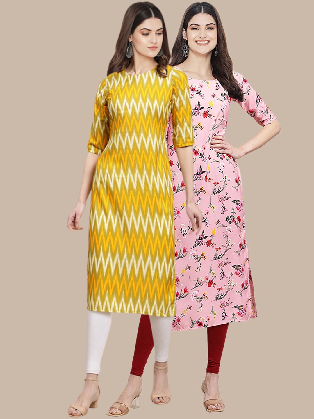 

7Threads Women Pack of 2 Yellow & Pink Printed Crepe Straight Kurta