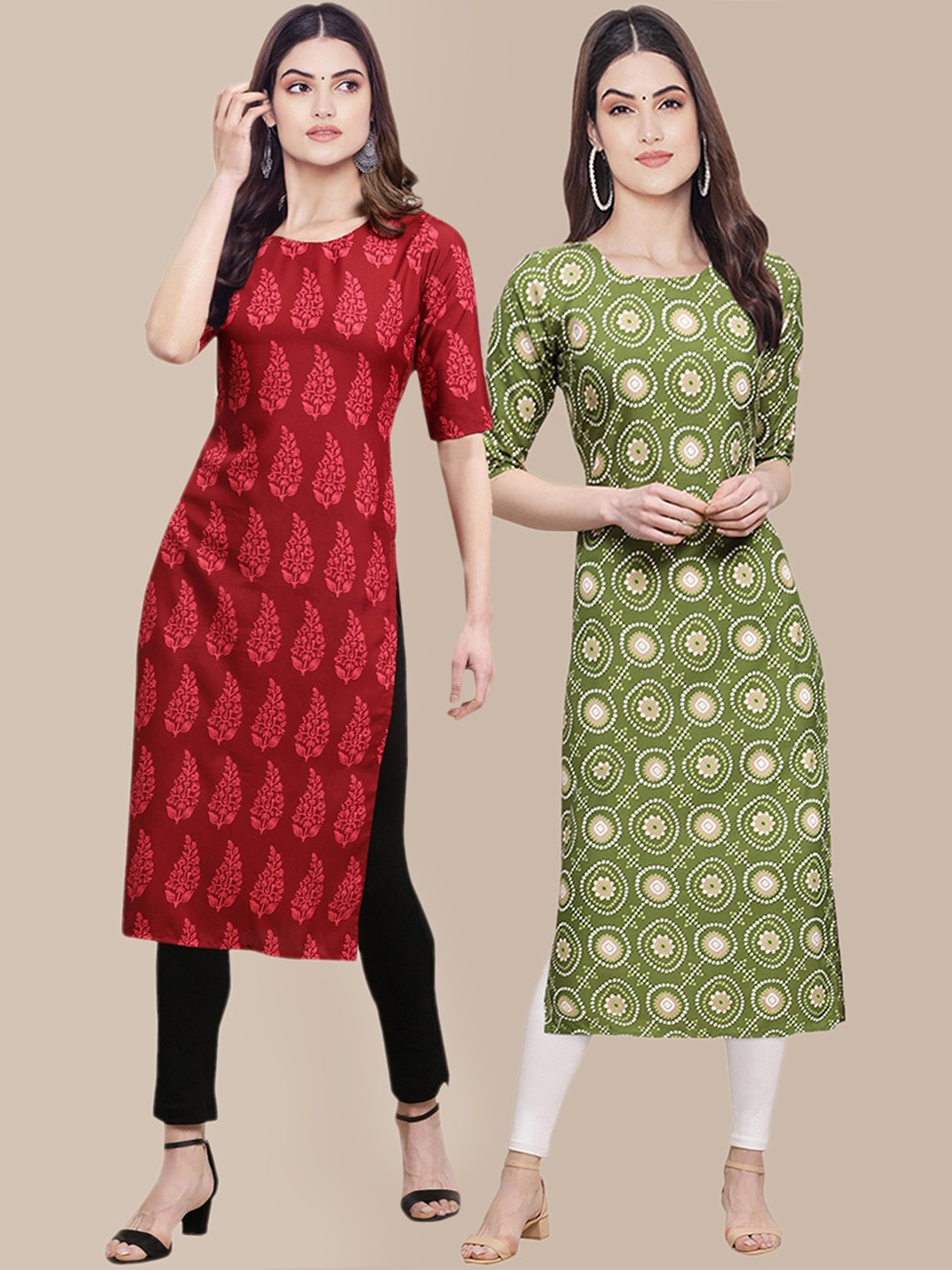

7Threads Pack Of 2 Printed Crepe Straight Regular Kurta, Red