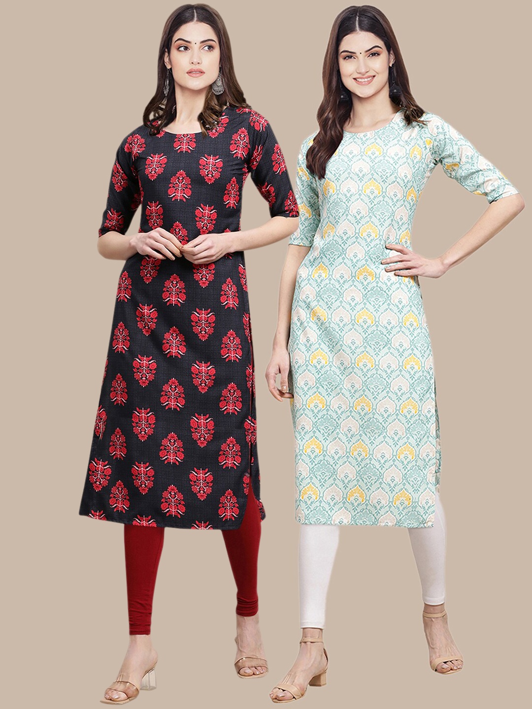

7Threads Women Pack of 2 Black & Blue Printed Crepe Straight Kurta