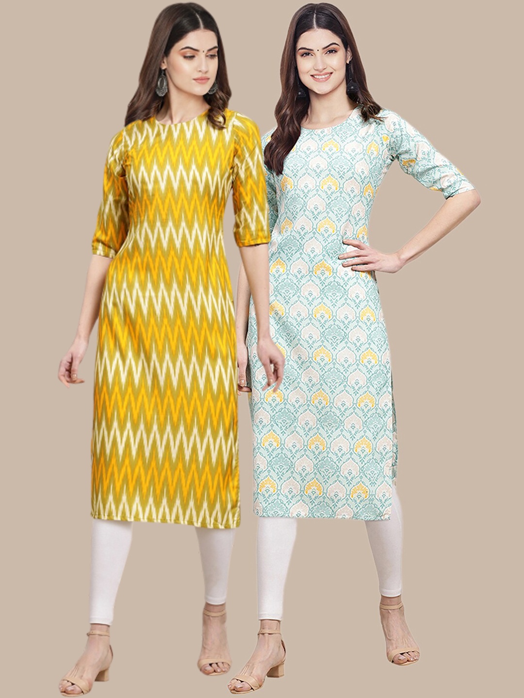 

7Threads Pack Of 2 Ethnic Motifs Printed Crepe Kurta, Yellow