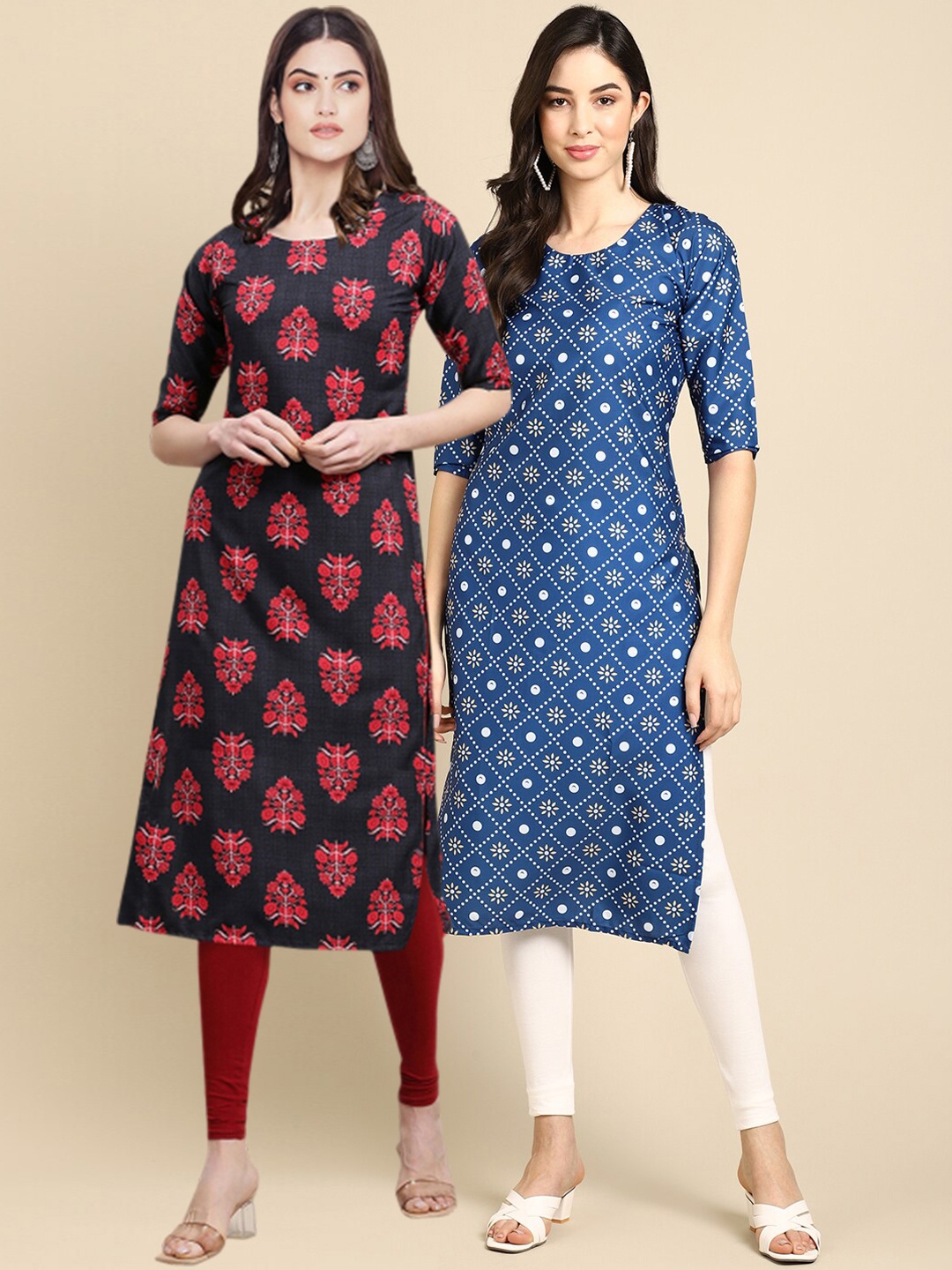 7Threads Pack Of 2 Ethnic Motifs Printed Crepe Kurta, Blue