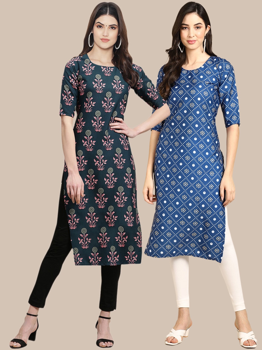 

7Threads Pack Of 2 Floral Printed Crepe Kurta, Blue