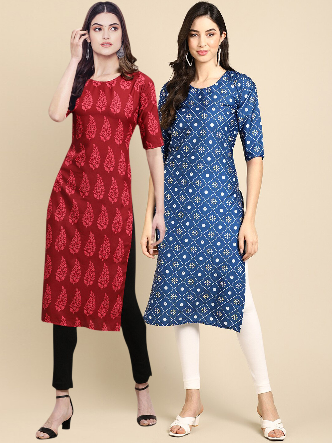 

7Threads Women Pack Of 2 Red & Blue Ethnic Motifs Printed Crepe Kurta