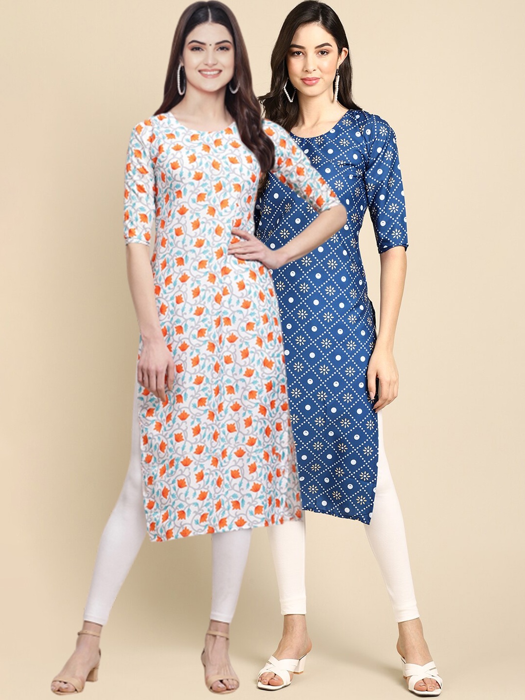 7Threads Pack Of 2 Floral Printed Crepe Kurta, White