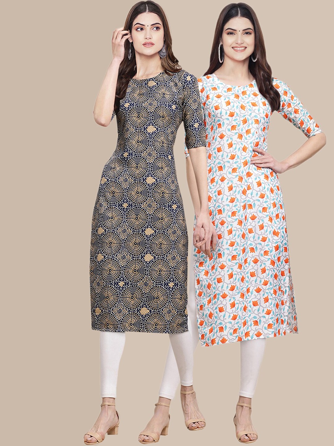 

7Threads Women Pack Of 2 Blue & White Floral Printed Crepe Kurta