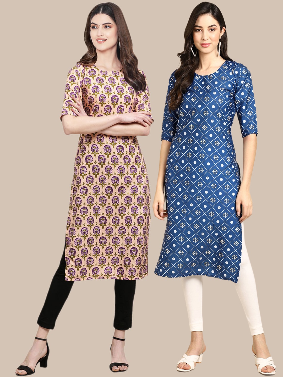

7Threads Women Pack of 2 Beige & Blue Ethnic Motifs Printed Crepe Kurta