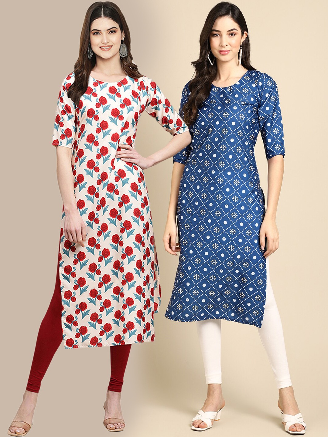 

7Threads Women Pack of 2 Ethnic Motifs Printed Crepe Kurta, Red