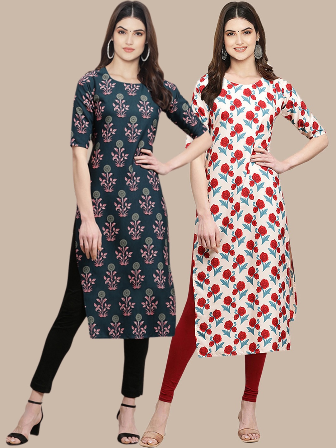 

7Threads Women Pack of 2 Ethnic Motifs Printed Crepe Kurta, Blue