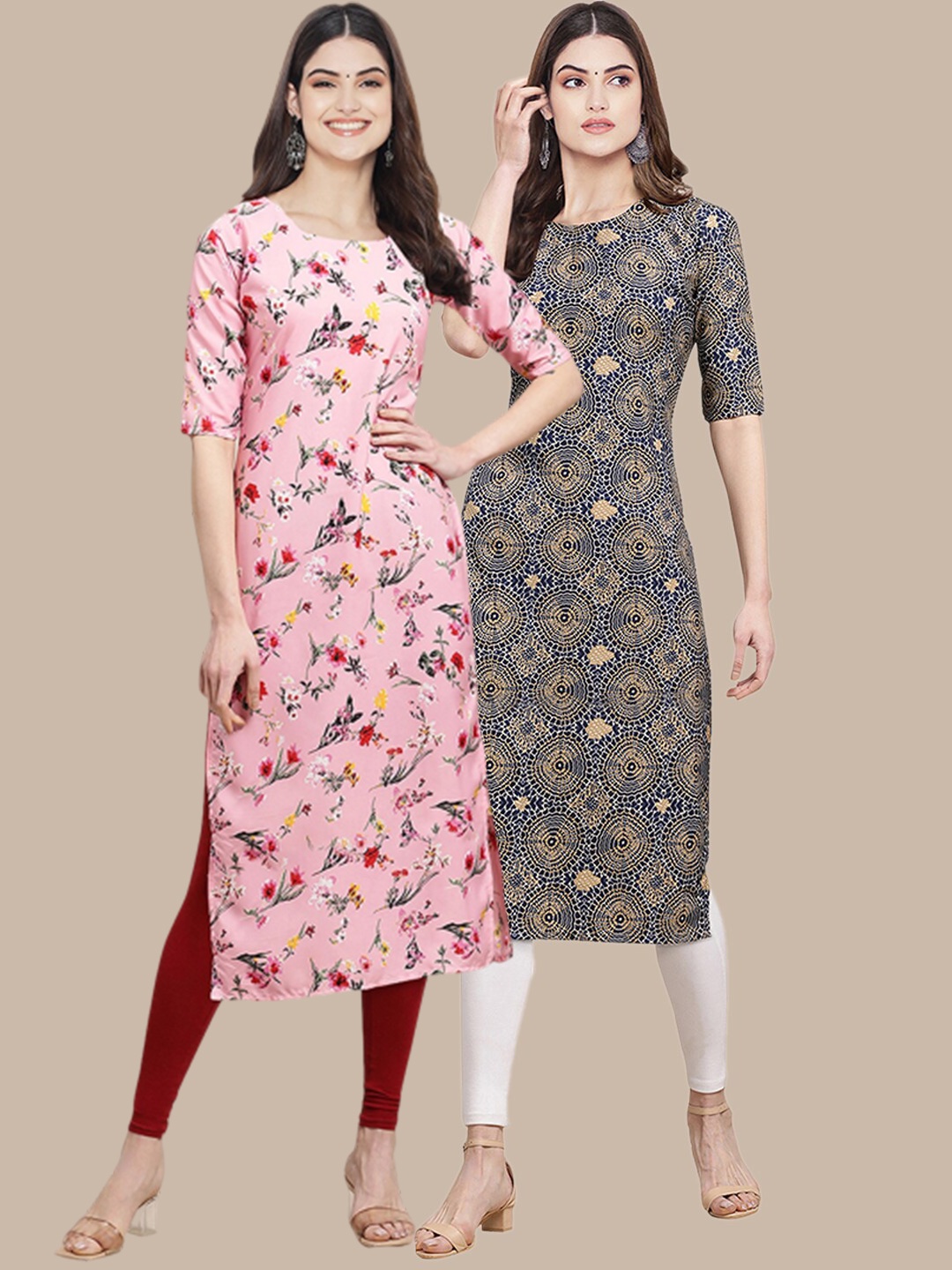 

7Threads Women Pack of 2 Floral Printed Crepe Kurta, Pink