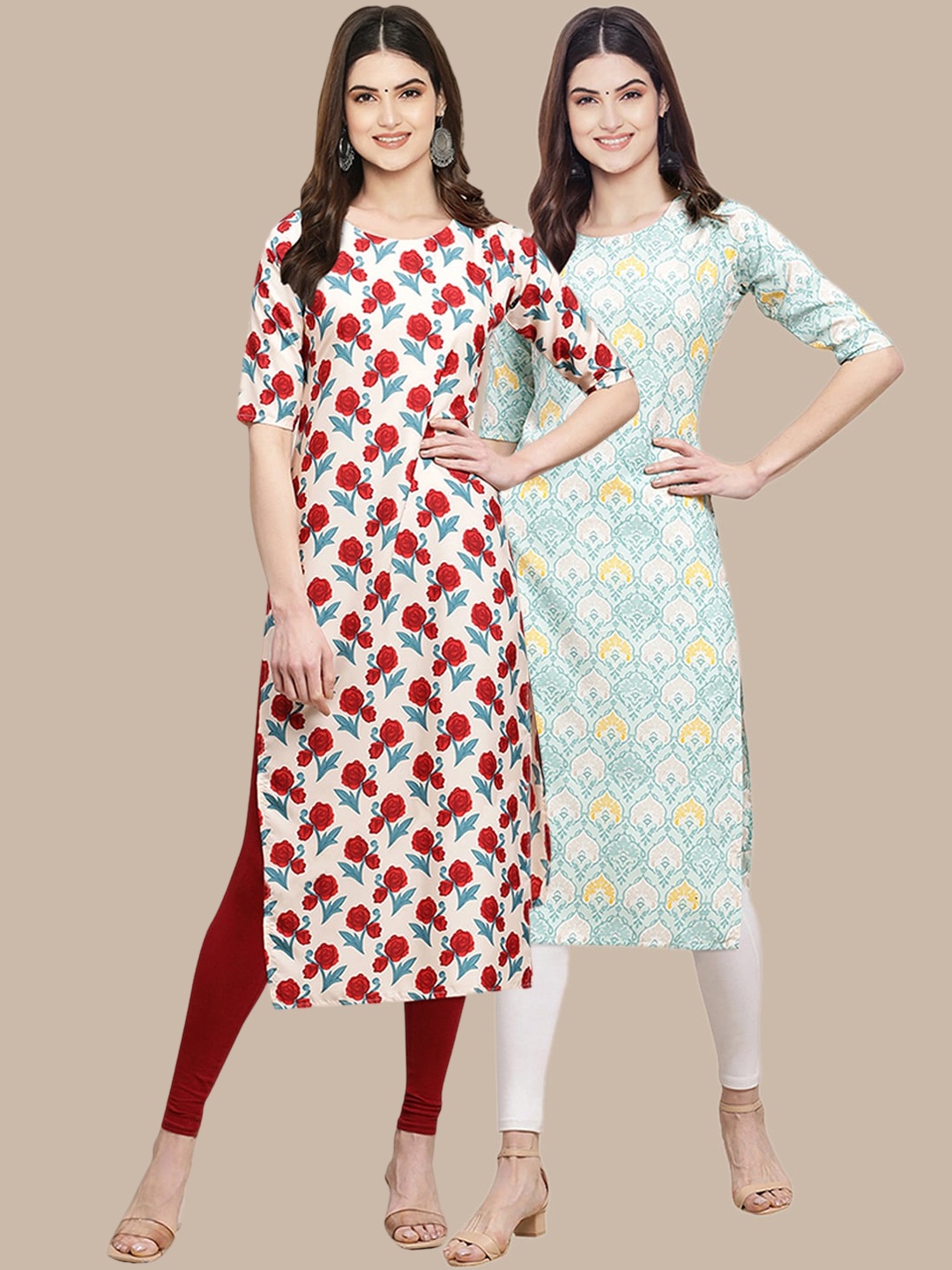

7Threads Women Pack of 2 Ethnic Motifs Printed Crepe Kurta, Beige